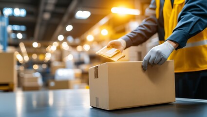In a bustling warehouse, a focused worker wearing gloves carefully places a package into a box, surrounded by shelves filled with neatly organized parcels and warm light.