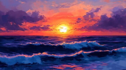 Fototapeta premium An abstract painting depicting a vibrant sunset over a blue ocean with a dramatic, brushstroke sky.