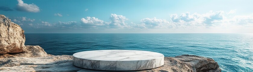 Obraz premium Polished granite marble podium on a rocky cliffside overlooking a vast ocean horizon, luxury product display, dramatic coastal backdrop, granite marble podium