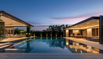 Elegant modern residence showcasing a serene backyard swimming pool at dusk, complemented by stylish outdoor living space and contemporary architectural design