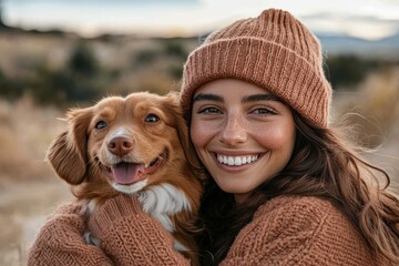 A joyful woman wearing a beanie cuddles her smiling brown dog in a warm sweater, expressing love and happiness in a cozy outdoor setting full of life.