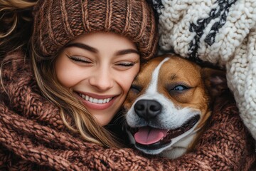 A happy woman and her joyful dog wrapped in warm woolen sweaters, radiating love and friendship against a cozy, cheerful backdrop of autumnal colors and joy.