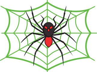 A green spider web with a Black spider, Halloween widow red eye black spider vector illustration.