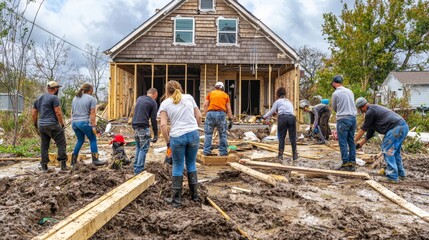 A group of neighbors rebuilding a house after a natural disaster, embodying the spirit of community support