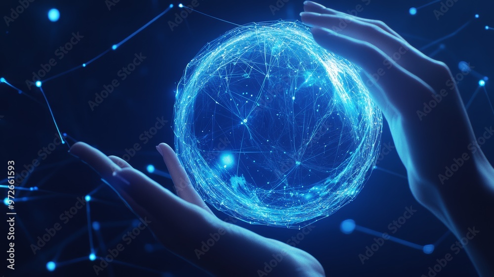 Poster Hand cradling a digital globe with glowing data lines and network connections. Global communication and cyber technology concept.