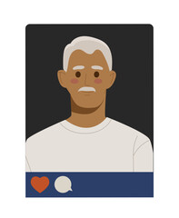 Social media avatar. Beautiful elderly man in white tshirt. Users profile in social networks and messengers. Aged old person. Flat vector illustration isolated on white background