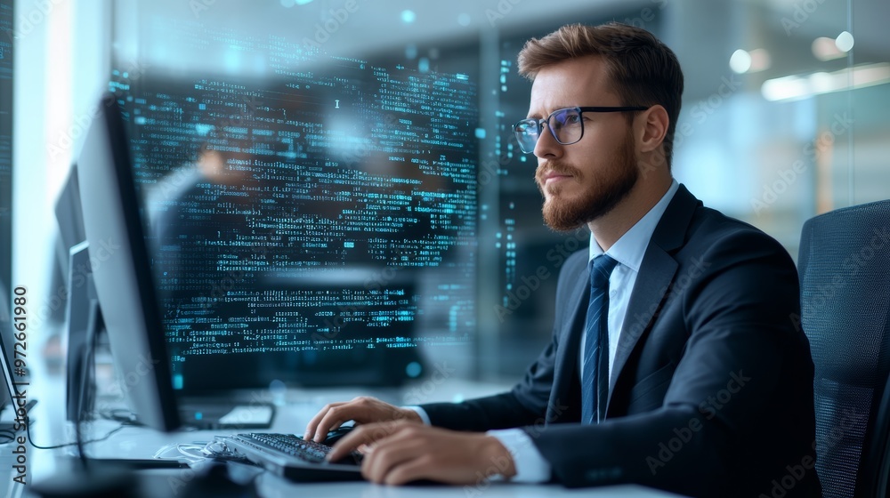 Aufkleber Focused man in formal attire programming on a desktop computer with data code around.