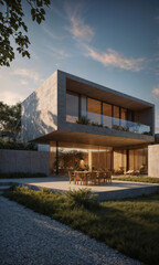 Fototapeta premium The facade of a modern house with a courtyard, terrace and swimming pool