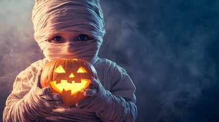 Funny Halloween wallpaper with a kid dressed as a mummy trying to scare, with copy space