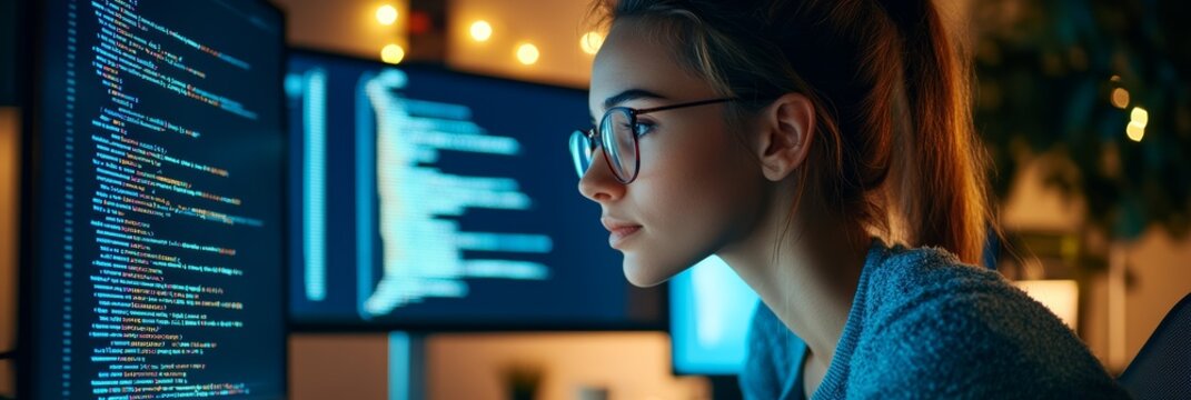 Female developer focused on coding project at night with screens. Concept of programming and innovation.
