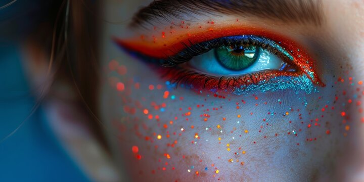 Close-up of a vibrant eye with colorful makeup, including red and blue eyeshadow, with glitter sprinkled on the skin around the eye - Powered by Adobe
