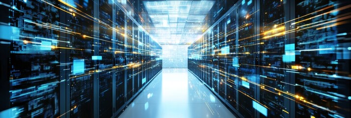 Futuristic server room with big data flow analysis and cybersecurity, rendered in 3D.