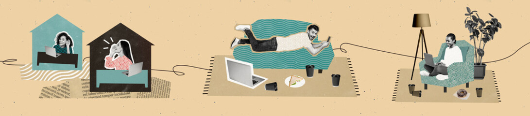 Composite trend artwork 3D sketch image photo collage of horizontal panorama office workspace...