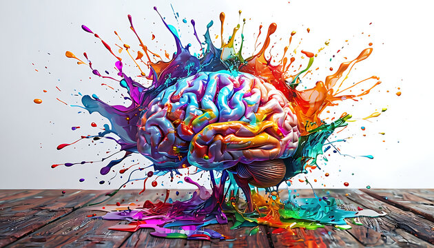 Human brain exploding with different colors reflecting knowledge and creativity. Concept art creativity