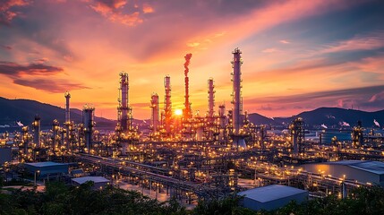 Fototapeta premium An oil refinery is silhouetted against a vibrant orange and purple sunset. The industrial complex is made up of countless pipes, tanks, and structures, with lights illuminating the scene.