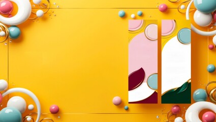 An abstract, colorful design with geometric shapes and decorative balls on a vibrant yellow background