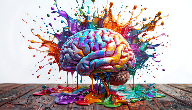 Human brain exploding with different colors reflecting knowledge and creativity. Concept art creativity