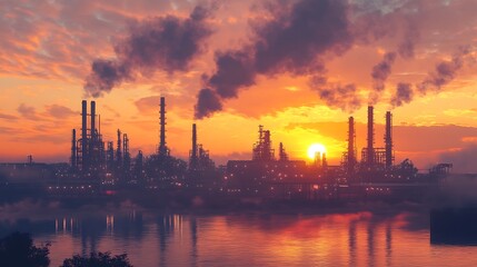 Fototapeta premium A silhouette of an industrial factory with large smokestacks against a fiery sunset over a still body of water.