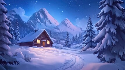 A snowy night scene with a cabin in the middle of it, AI