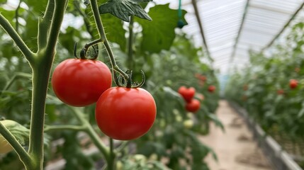A cluster of ripe red tomatoes hanging from a vine in a greenhouse, highlighting the abundance and healthiness of the produce