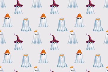 Seamless pattern with fun halloween ghosts on a light grey background
