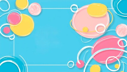 A vibrant abstract design with colorful circles and lines on a blue background