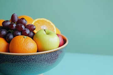 Bowl of fresh mixed fruit on teal background