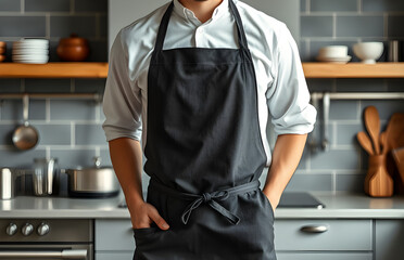 Man wearing dark linen apron mocking in modern kitchen
