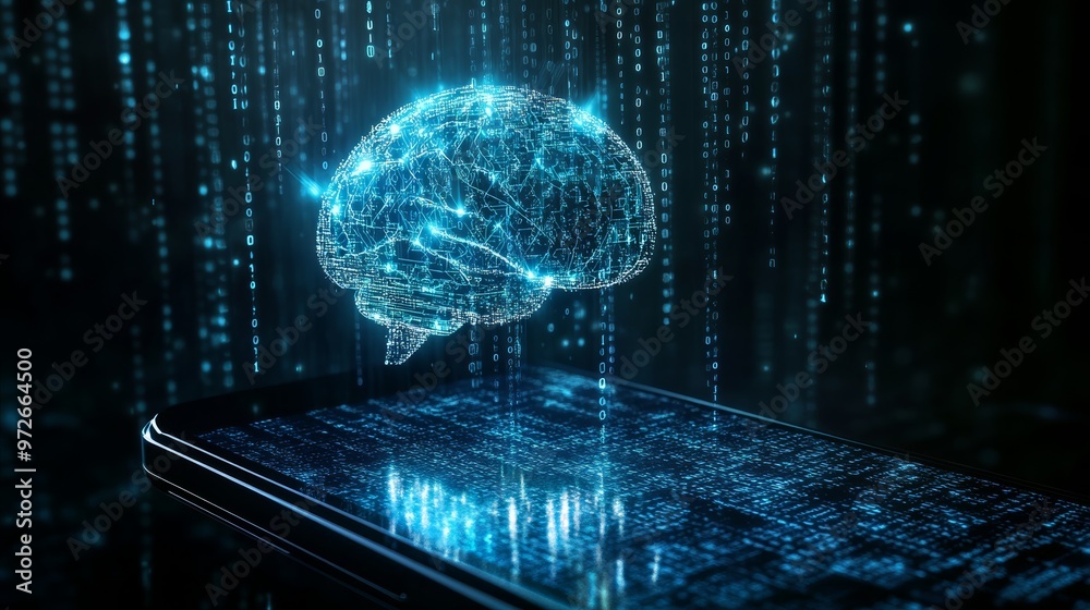 Poster Neon blue digital brain rising from a smartphone with binary code effects. High-tech concept illustrating artificial intelligence.
