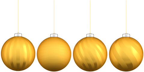 Graphics design assets: 4 differently patterned golden christmas baubles isolated on a transparent background for use in Graphic Design Projects