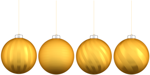 Graphics design assets: 4 differently patterned golden christmas baubles isolated on a transparent background for use in Graphic Design Projects