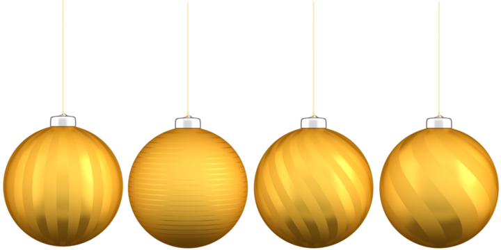 Graphics design assets: 4 differently patterned golden christmas baubles isolated on a transparent background for use in Graphic Design Projects