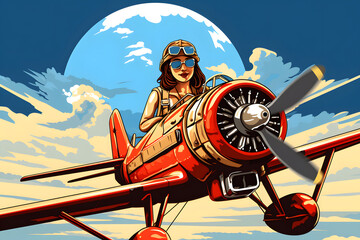 vintage style illustration woman flying a old plane