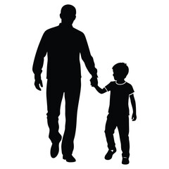 father and son holding hands and walking on white background silhouette vector