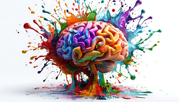 Human brain exploding with different colors reflecting knowledge and creativity. Concept art creativity