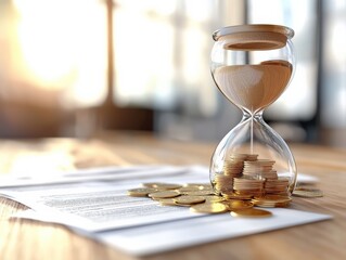 Hourglass Filled with Coins and Documents Representing Time is Money Concept