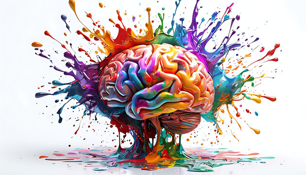 Human brain exploding with different colors reflecting knowledge and creativity. Concept art creativity