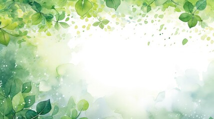 Fototapeta premium Elegant Spring Green Leafy Watercolor Background. Nature Inspired Botanical Frame with Soft Gradient