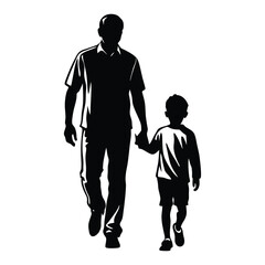 father and son holding hands and walking on white background silhouette vector