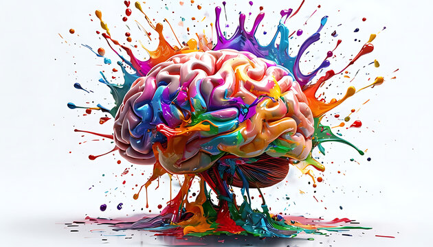 Human brain exploding with different colors reflecting knowledge and creativity. Concept art creativity