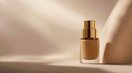A close-up of an elegant foundation bottle with a gold cap, set against a soft background with natural lighting that enhances the luxurious feel of the product.