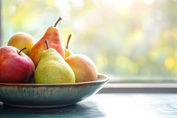 Bowl of fresh apples and pears on sunny windowsill