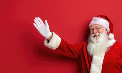 Naklejka premium Santa Claus Giving a High Five - Front View on Red Background with Copy Space