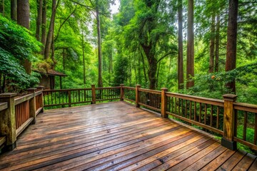 Rustic wooden deck surrounded by lush greenery and tall trees, with weathered railing and worn wooden planks, evoking