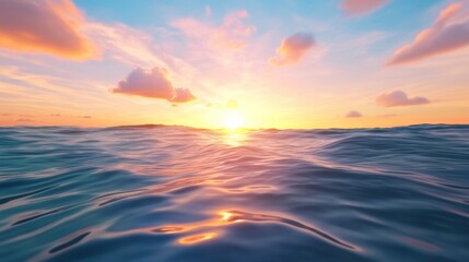 Obraz premium A view of the ocean at sunset with clouds in the sky, AI