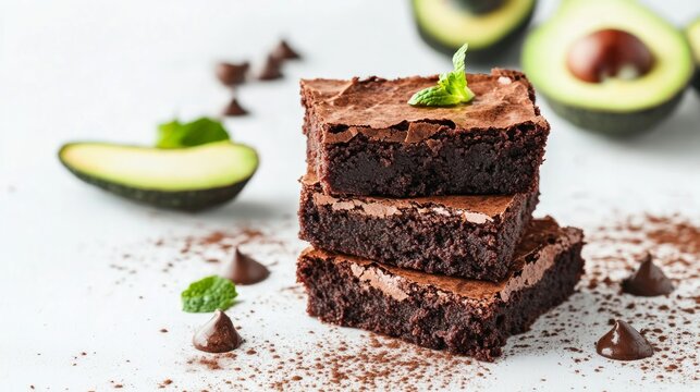 Homemade vegan avocado brownie dessert, sweet healthy alternative vegetarian food dessert with avocado and kerob, on white kitchen table copy space,