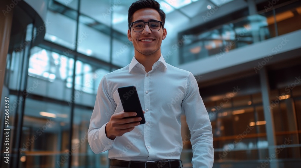 Poster Professional Businessman Using Phone in Modern Office