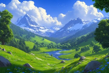 Obraz premium A Serene Painting Showing A Winding River Flowing Through Majestic Mountains Under A Clear Blue Sky.