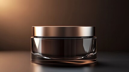 A luxury skincare jar with a sleek metallic finish is illuminated by soft, warm lights, emphasizing its smooth curves and the sense of high-end specialty.