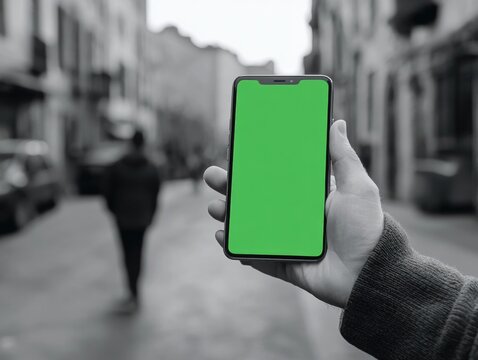 Candid Hand Holding Smartphone Against Urban Backdrop